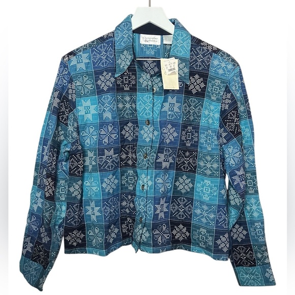 NEW VTG Cottagecore Cross Stitch Quilt Pattern Cropped Jacket Prairie Blue L - Picture 1 of 5